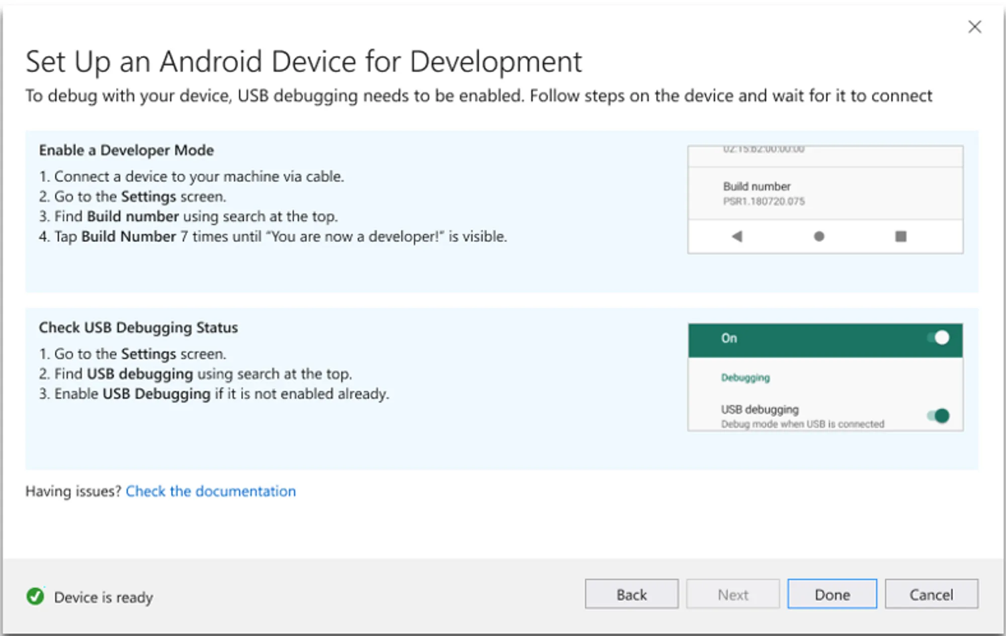 Clear steps are provided for setting up a device for USB debugging.