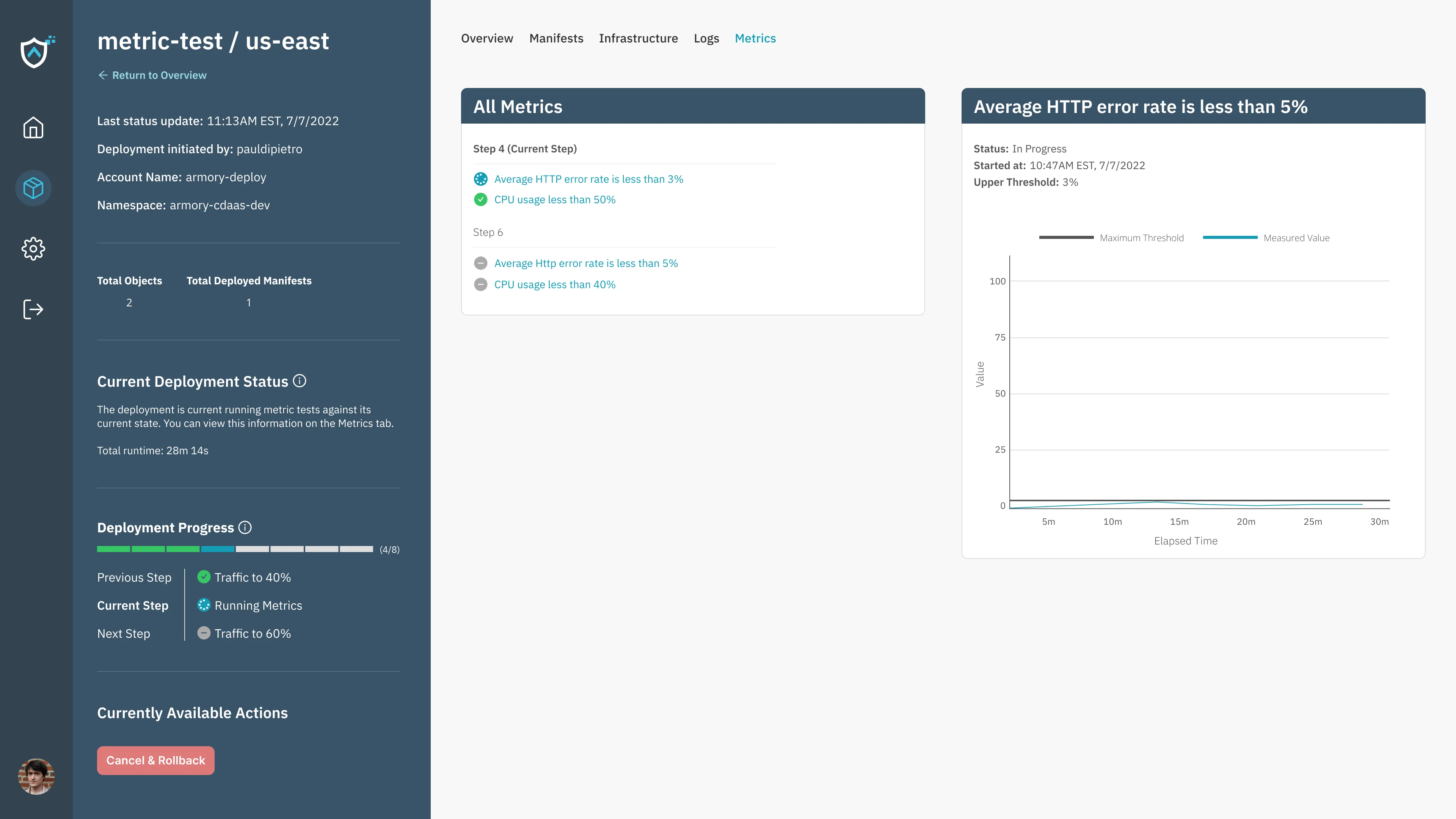 A tab for tracking specific metrics related to the given environment.